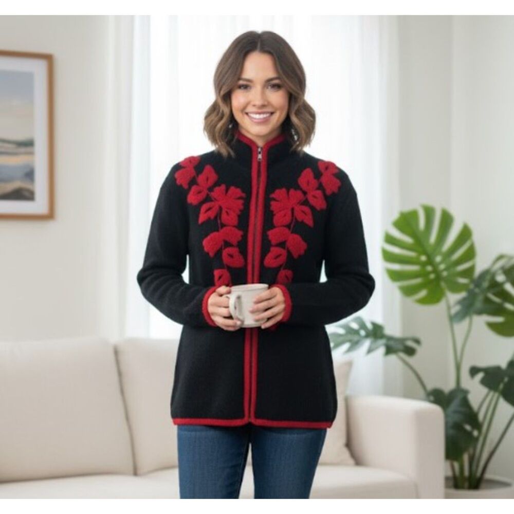 Coldwater Creek Cardigan 100% Wool Black Sweater Red Floral Trim Full Zip Sz M